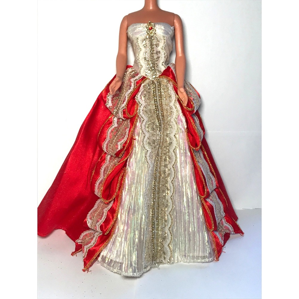 Barbie Doll Clothing 1997 Happy Holidays Red Gold White Ribbon Gown Dress